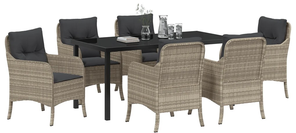 vidaXL Σέτ φαγητού για κήπο με μαξιλάρι 7 pcs Ανοιχτό γκρι Πολυ ράταν