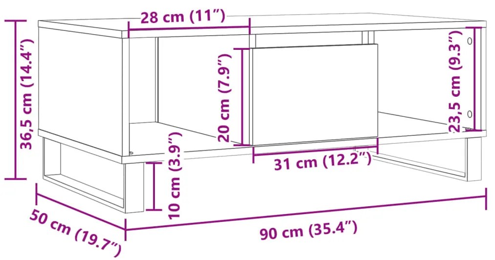 Τραπεζάκι Σαλονιού Αρτισιανή Δρυς 90x50x36,5εκ Επεξεργασμ. Ξύλο - Καφέ