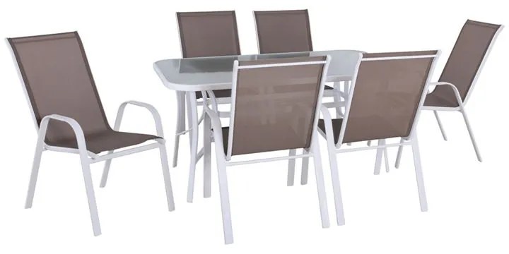 WOODWELL Ε250,2LRIO Set Τραπεζαρία Κήπου Άσπρο Μέταλλο,Textilene Cappuccino: Τραπέζι + 6 Πολυθρόνες Table:150x90x71 Armch:55x74x91 Ε250,2L