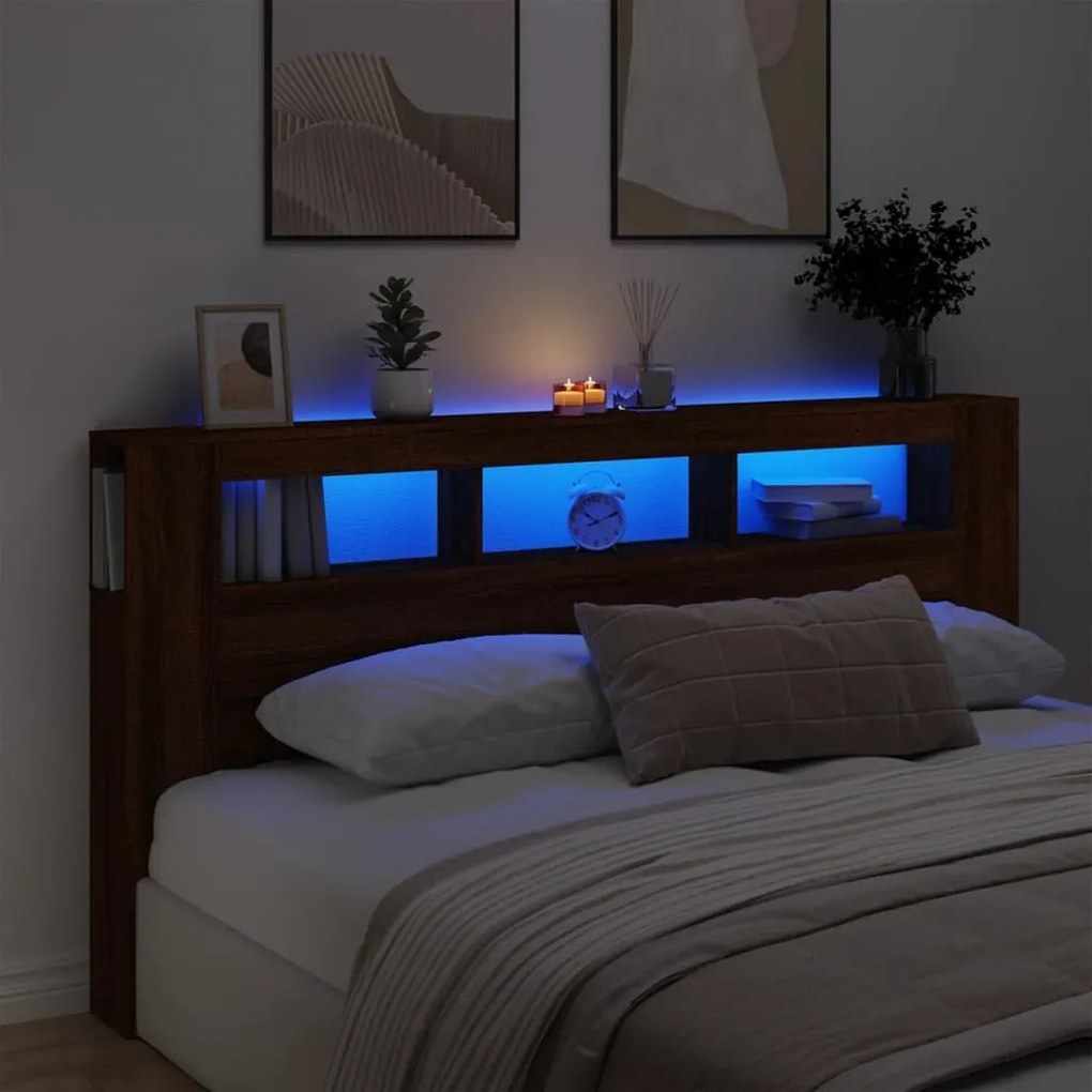 Κεφαλάρι Κρεβατιού με LED Καφέ Δρυς 200x18,5x103,5 εκ - Καφέ