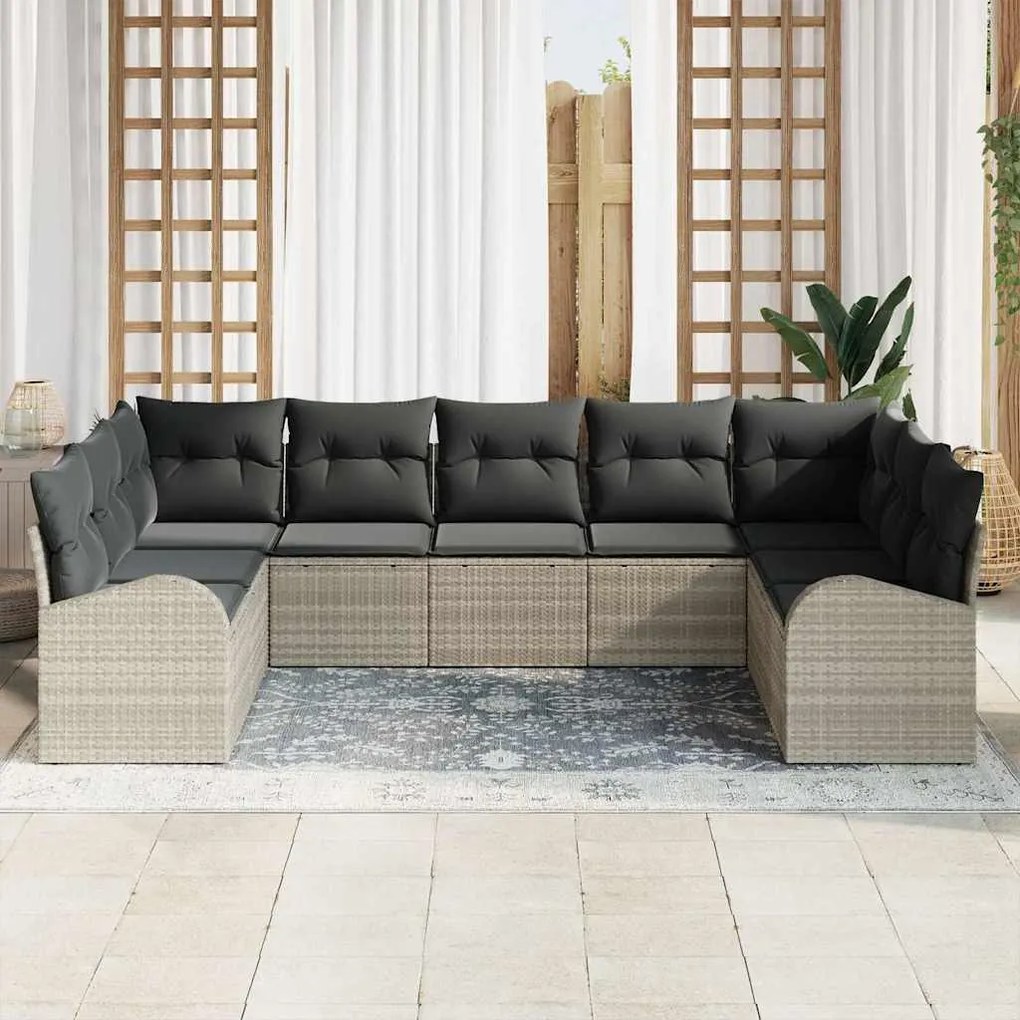 vidaXL Σετ Καναπέ Κήπου με μαξιλάρι 9 pcs Ανοιχτό γκρι Πολυ ράταν