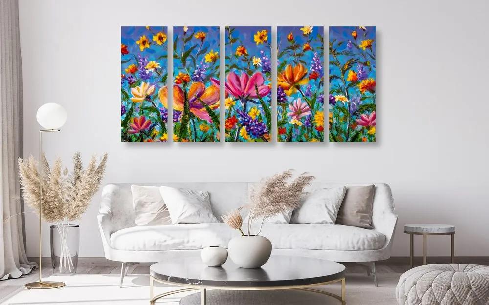 Έγχρωμη εικόνα 5 μερών λουλούδια στο λιβάδι - 100x50