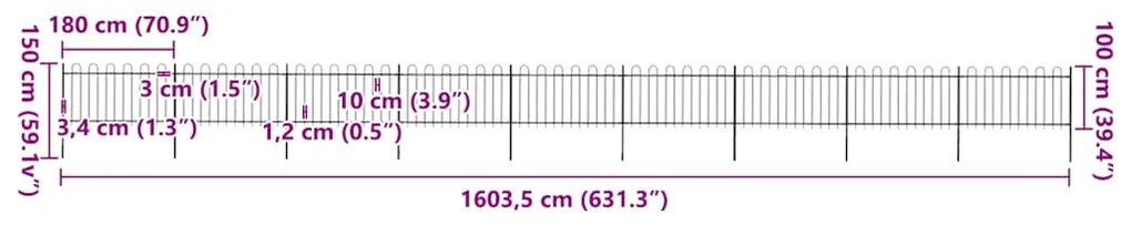 vidaXL Φράχτης Κήπου με Κορυφή από Ατσάλι 1603,5 x 100 εκ. Μαύρος