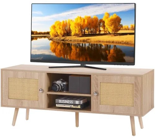 VEVOR Rattan TV Stand, Boho TV Cabinet for 55 inch TV, Mid Century Modern TV Stand, Rattan TV Console with Adjustable Shelfs for  Living Room, Media Room, Oak