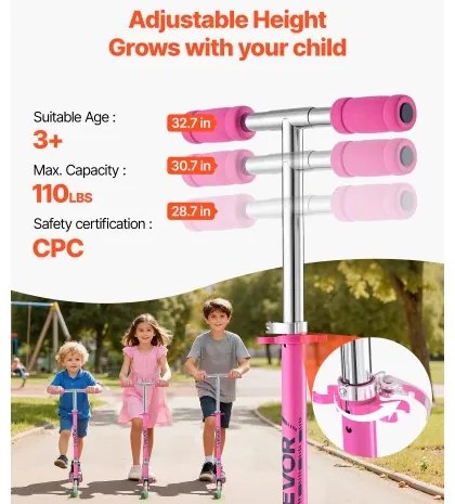 VEVOR Kick Scooter for Kids Ages 3+, 2-Wheel Toddler Scooter with Light-Up Wheels, Adjustable Height Handlebar, Wide Anti-Slip Deck, Foldable Lightweight Frame for Boys and Girls up to 49.9 kg, Pink