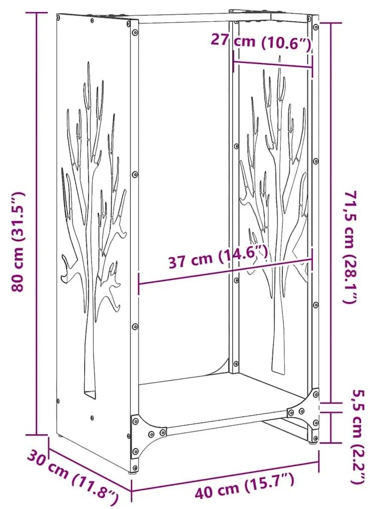 Ράφι για καυσόξυλα 40x30x80 cm Ατσάλι σκληρυθέν στον αέρα - Ασήμι