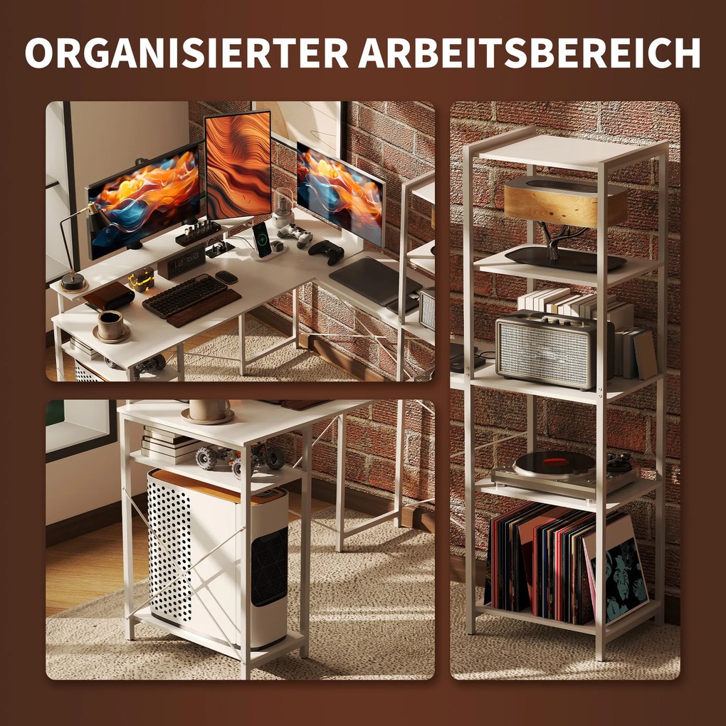 HOMCOM Γραφείο σε σχήμα L με σταθμό φόρτισης, γωνιακό γραφείο υπολογιστή με βάση οθόνης και ράφια, για οικιακό γραφείο, γραφείο, Λευκό