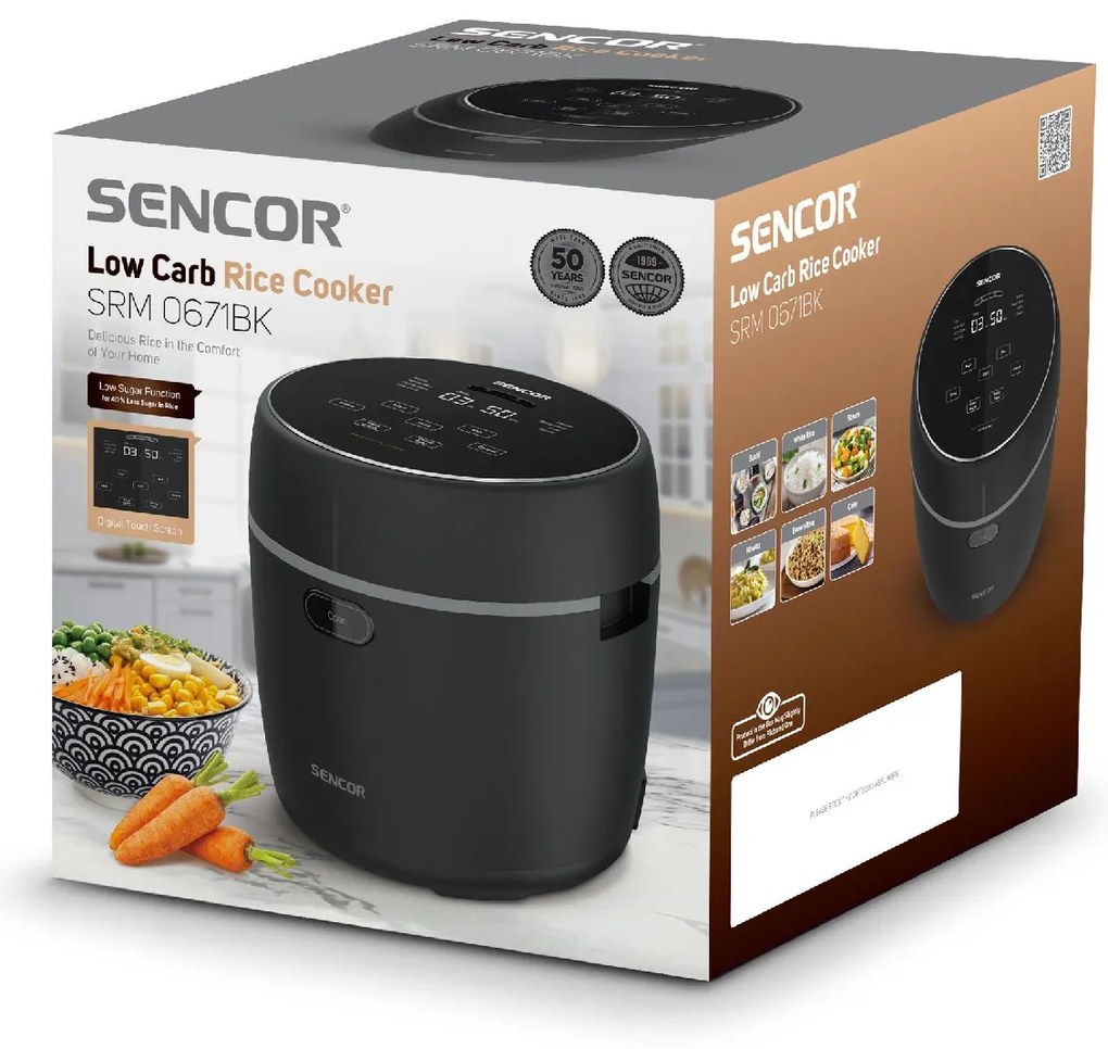 Ατμομάγειρας Ρυζιού Sencor SRM 0671BK 0,6lt 500W με Αντικολλητική Επιφάνεια Low Carb και Low Sugar Function Μαύρο