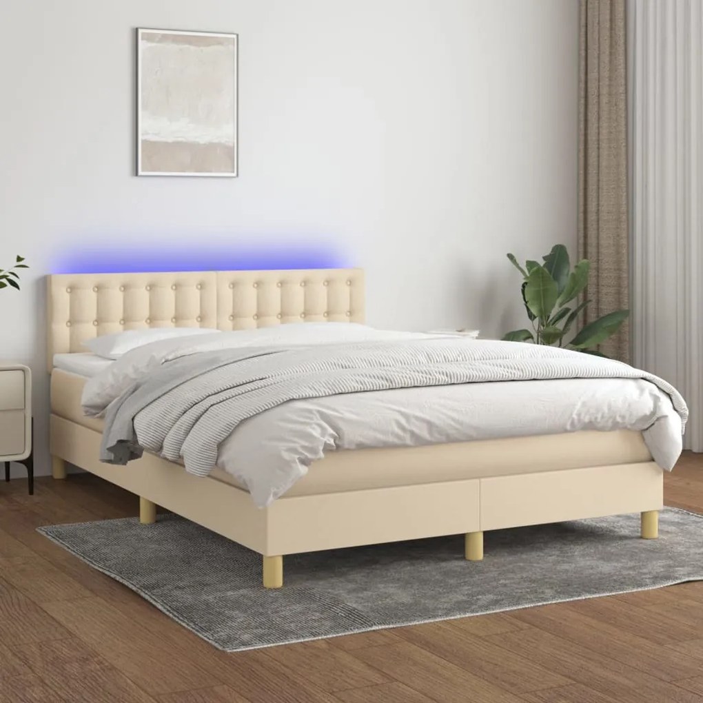 Κρεβάτι Boxspring με Στρώμα & LED Κρεμ 140x190 εκ. Υφασμάτινο