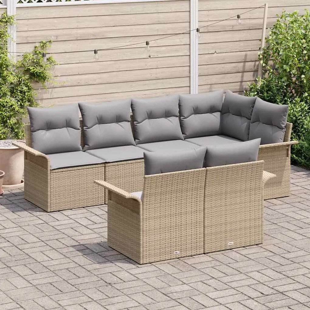 vidaXL Σετ Καναπέ Κήπου με μαξιλάρι 7 pcs Μπεζ Πολυ ράταν