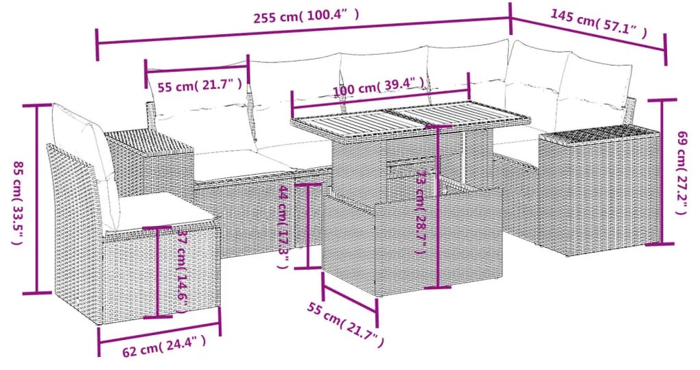 vidaXL Καναπές Σετ 7 Τεμαχίων Μαύρο Συνθετικό Ρατάν με Μαξιλάρια