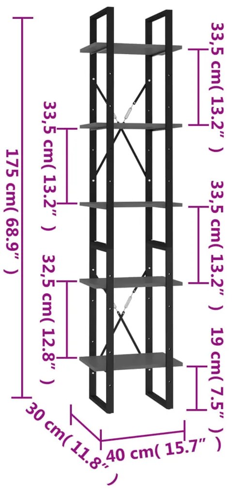 Βιβλιοθήκη με 5 Ράφια Γκρι 40 x 30 x 175 εκ. από Επεξ. Ξύλο 3081970