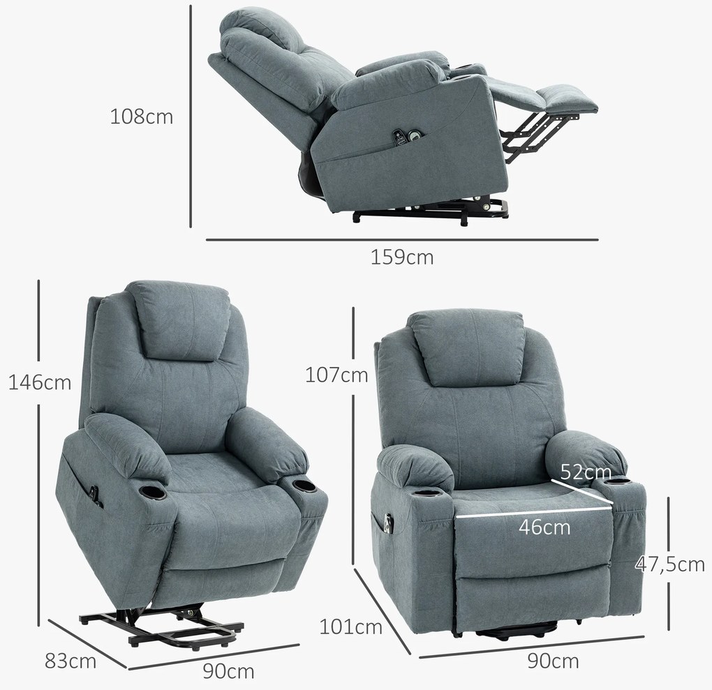 HOMCOM Πολυθρόνα Μασάζ με Υποβοήθηση Ανύψωσης, Πολυθρόνα για Ηλικιωμένους, 8 Σημεία Μασάζ, Πλαϊνές Τσέπες, Τηλεχειριστήριο, 90L x 101B x 107 cm, Γκρι