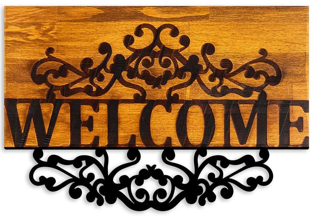 Διακοσμητικό Τοίχου Welcome 899SKL2687 58x3x36cm Walnut-Black Wallity Μέταλλο,Ξύλο