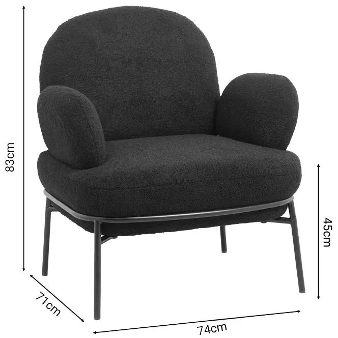 Πολυθρόνα Jaycob μπουκλέ μαύρο-πόδι μαύρο μέταλλο 74x71x83εκ 74x71x83 εκ.