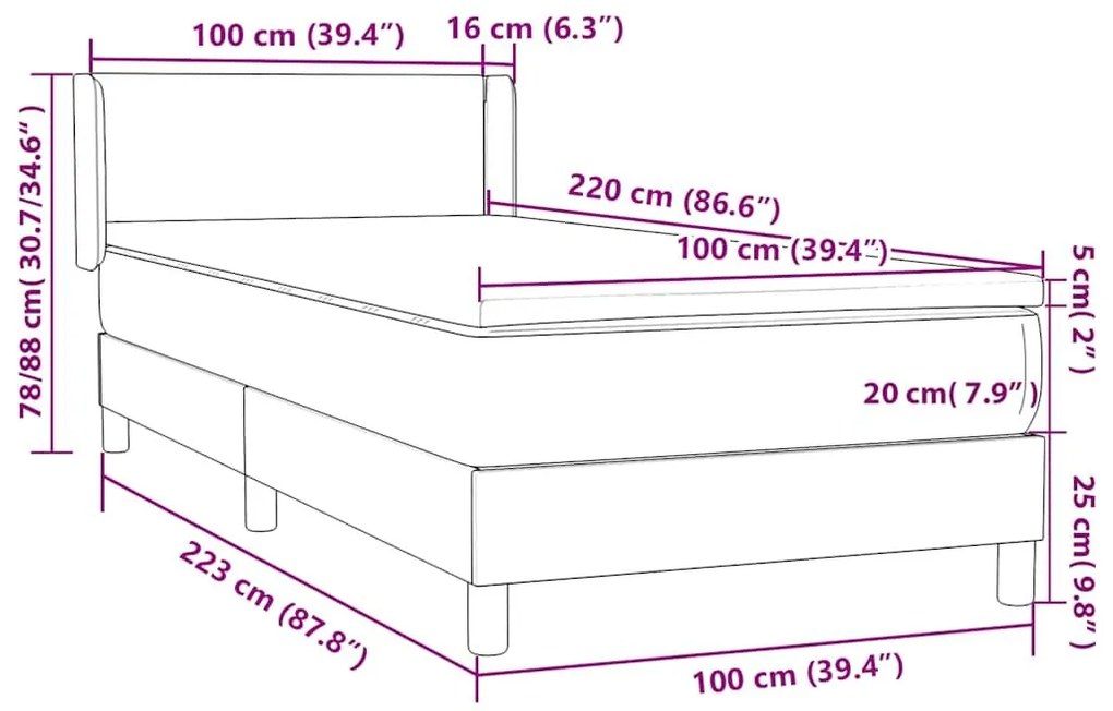 Box Spring κρεβάτι με στρώμα ανοιχτό γκρι 100x220 εκ. Βελούδινο - Γκρι