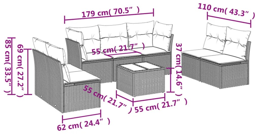 vidaXL Σαλόνι Κήπου 8 Τεμαχίων Μαύρο από Συνθετικό Ρατάν με Μαξιλάρια