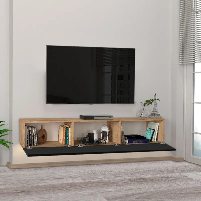 Έπιπλο τηλεόρασης επιτοίχιο Damla Megapap με LED χρώμα sapphire oak - μαύρο 180x29,5x29,5εκ. - GP042-0169,6