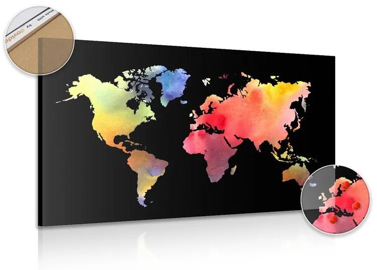 Εικόνα σε παγκόσμιο χάρτη από φελλό σε σχέδιο ακουαρέλας σε μαύρο φόντο - 90x60  transparent