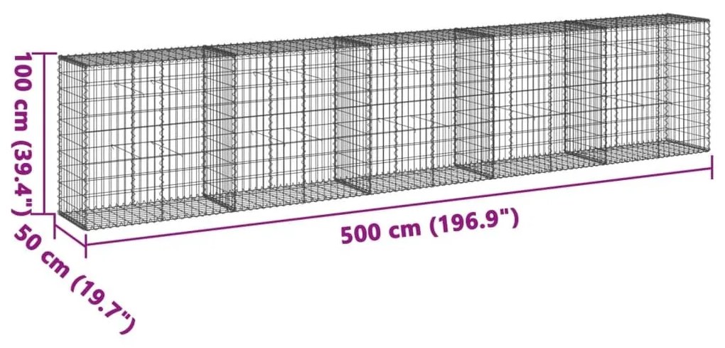 Συρματοκιβώτιο με Κάλυμμα 500x50x100εκ. από Γαλβανισμένο Χάλυβα - Ασήμι