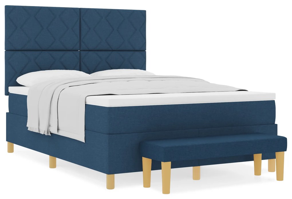 vidaXL Κρεβάτι Box Spring με Στρώμα & Πάγκο Μπλε 160x200 εκ. Ύφασμα