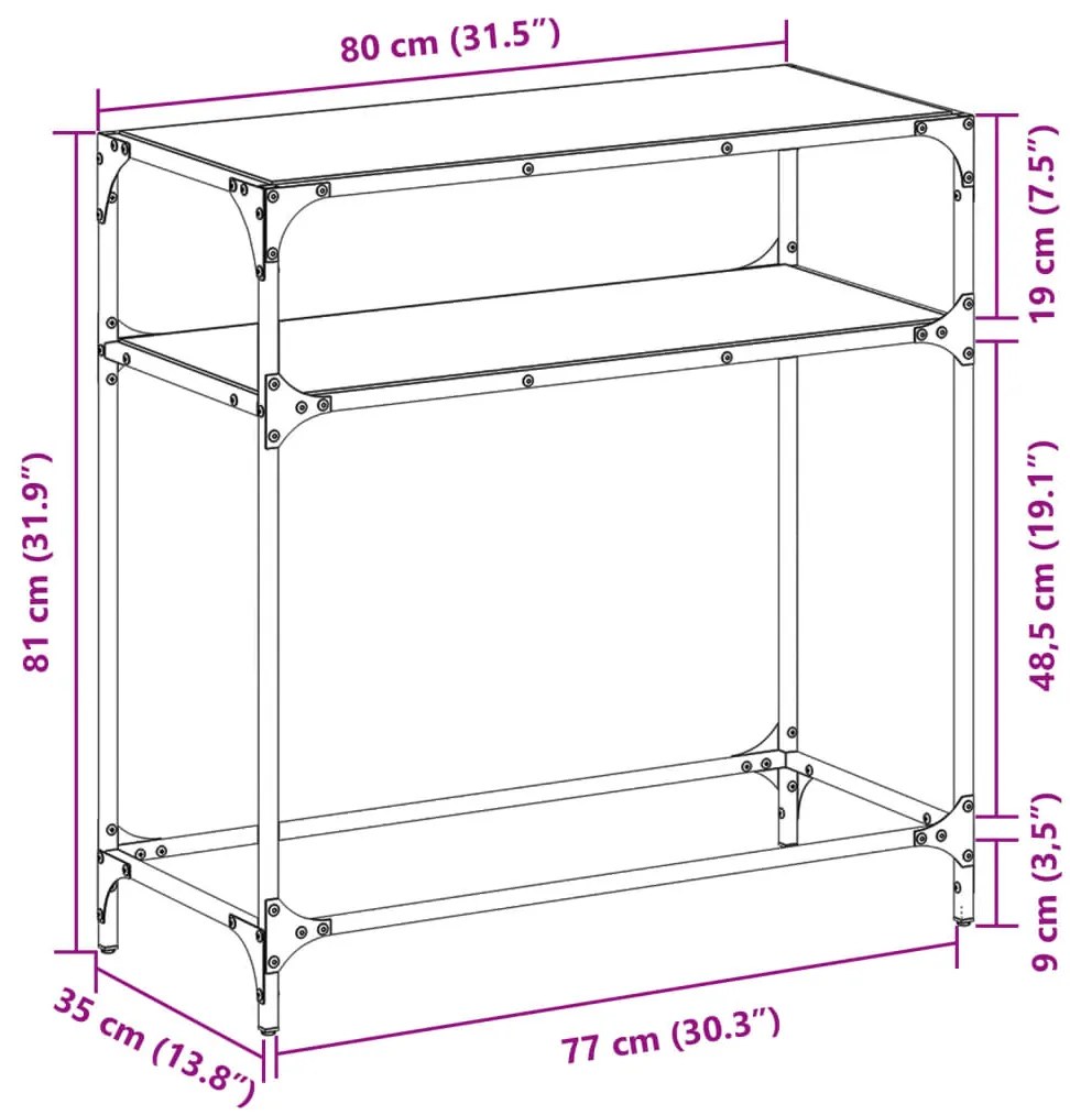 Τραπέζι Κονσόλα Επιφάνεια Μαύρο Γυαλί 80 x 35 x 81 εκ. Ατσάλι - Μαύρο
