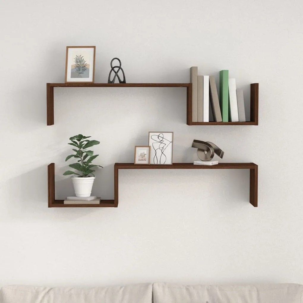 vidaXL Ράφια Τοίχου 2 τεμ. Καφέ Δρυς 100x15x20 εκ. Επεξεργασμένο Ξύλο