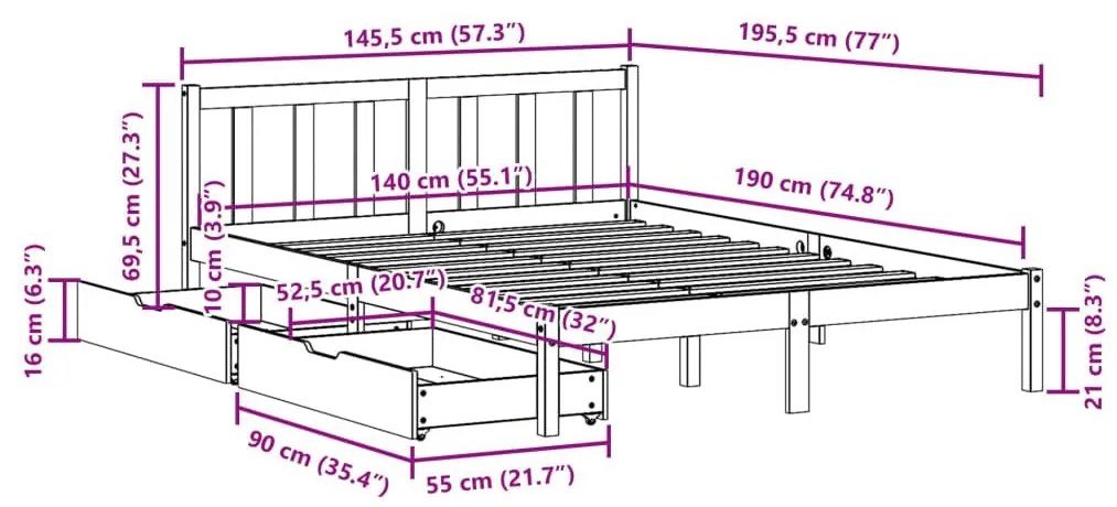 Σκελετός Κρεβατιού Χωρίς Στρώμα 140x190 εκ Μασίφ Ξύλο Πεύκου - Καφέ