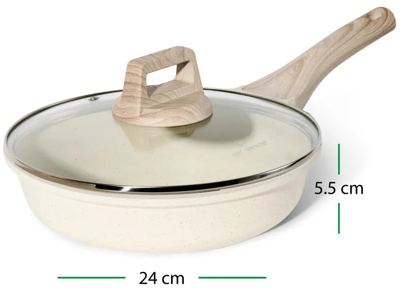 Τηγάνι Just Perfecto JL-41, 24 cm, Γυάλινο καπάκι, Μαρμάρινη επίστρωση, Χωρίς PFAS, Επαγωγή, Μπεζ