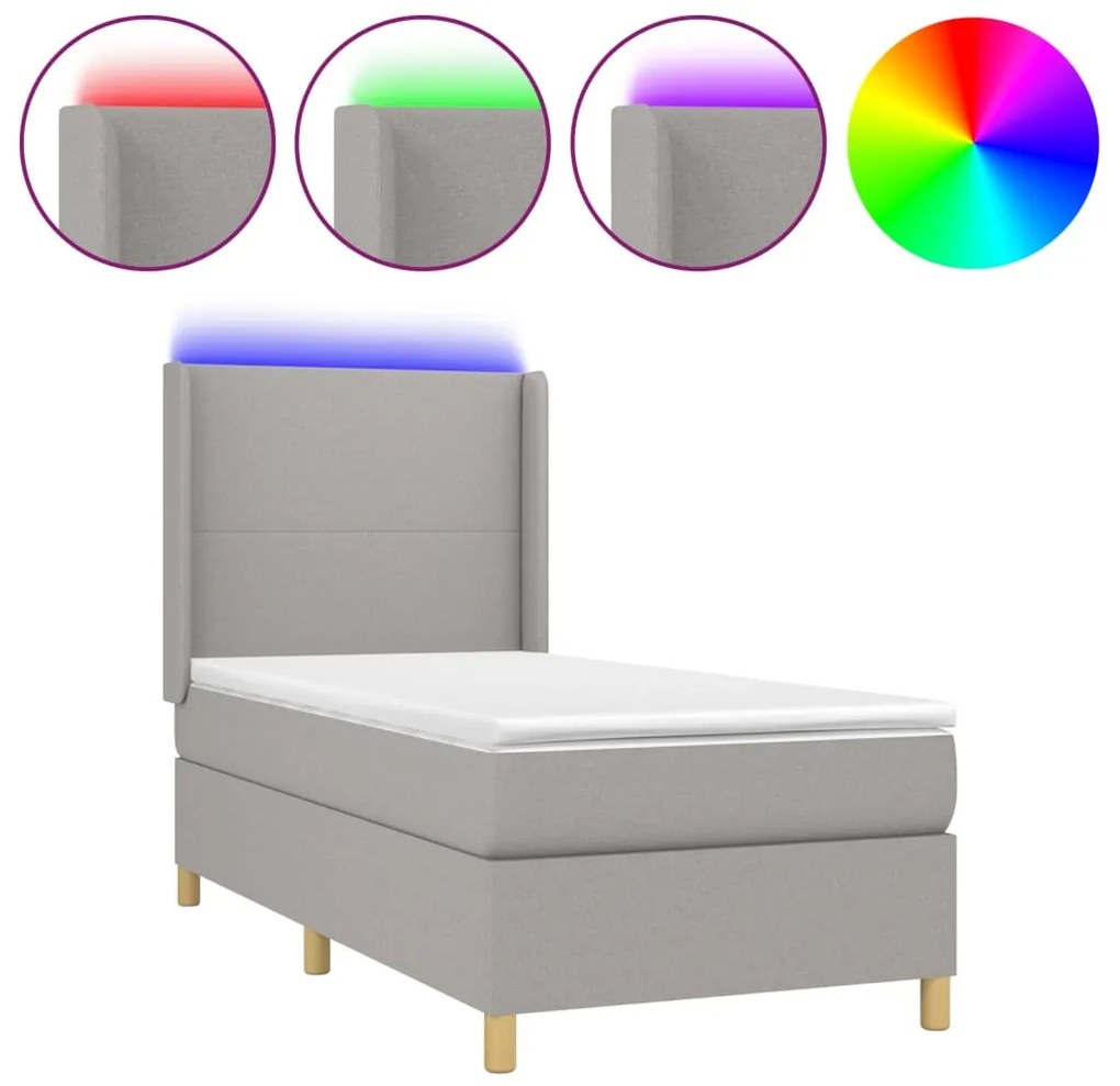 vidaXL Κρεβάτι Boxspring με Στρώμα &amp; LED Αν.Γκρι 90x190 εκ. Υφασμάτινο