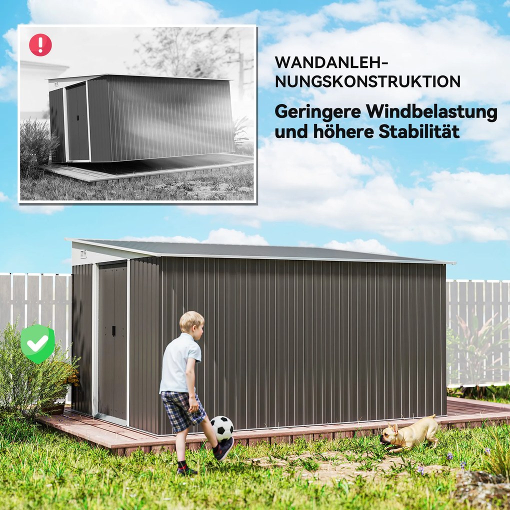 Outsunny Μεταλλικό Υπόστεγο Αποθήκευσης Κήπου, Επικλινής Στέγη, Διπλή Πόρτα που Κλειδώνει, 2,8 x 3,45 x 2,01m, Γκρι