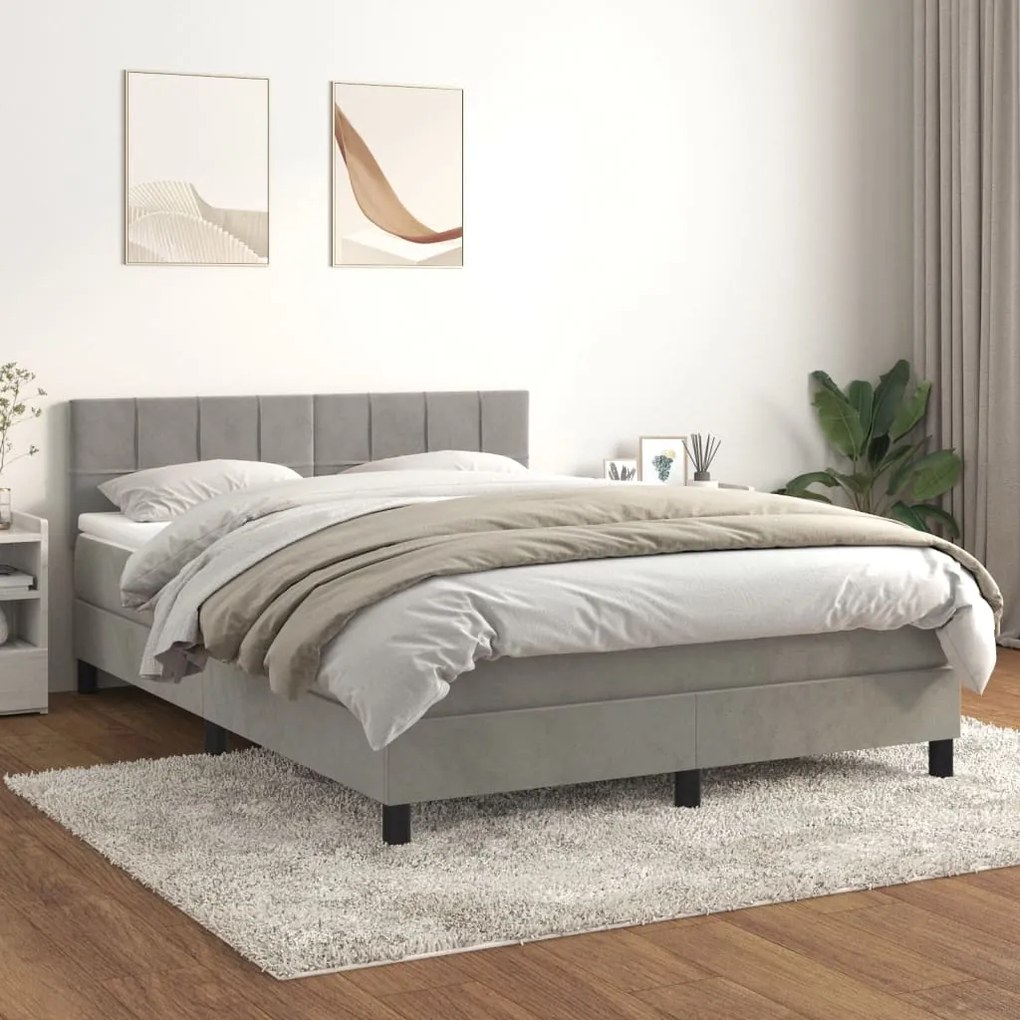 vidaXL Κρεβάτι Boxspring με Στρώμα Ανοιχτό Γκρι 140x190 εκ. Βελούδινο