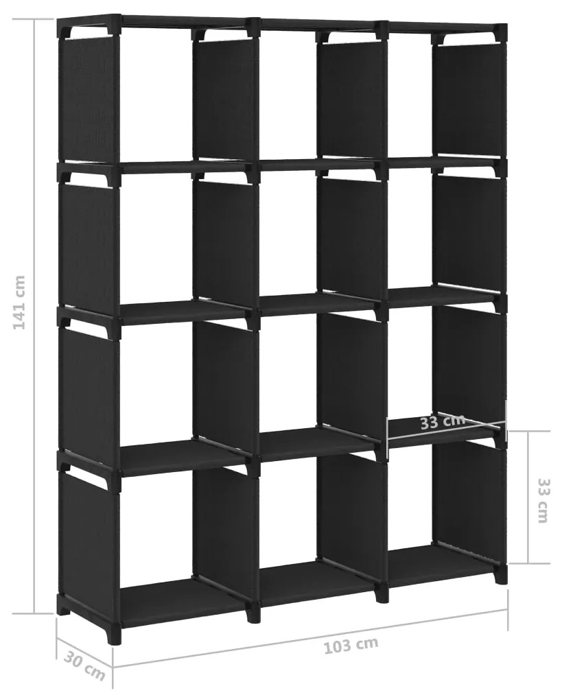 Ραφιέρα με 12 Κύβους Μαύρη 103 x 30 x 141 εκ. Υφασμάτινη - Μαύρο