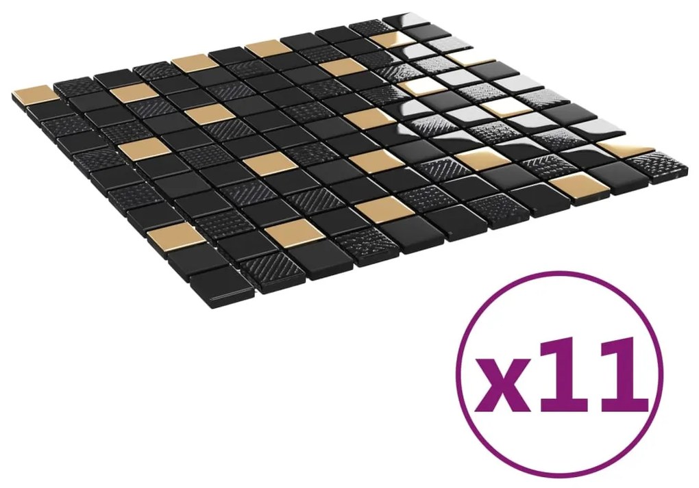 vidaXL Μωσαϊκά Πλακάκια 11 τεμ. Μαύρα / Χρυσά 30 x 30 εκ. Γυάλινα