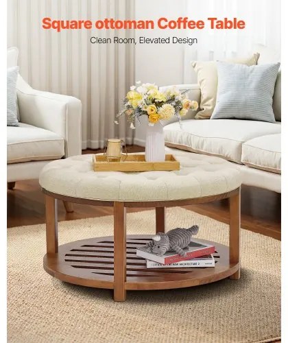 VEVOE Large Round Ottoman Coffee Table, 81 cm Tufted Coffee Table with Solid Wood Shelf Storage, Linen Solid Upholstered Footrest Ottoman for Bedroom Living Room, 350 LBS, Linen Color