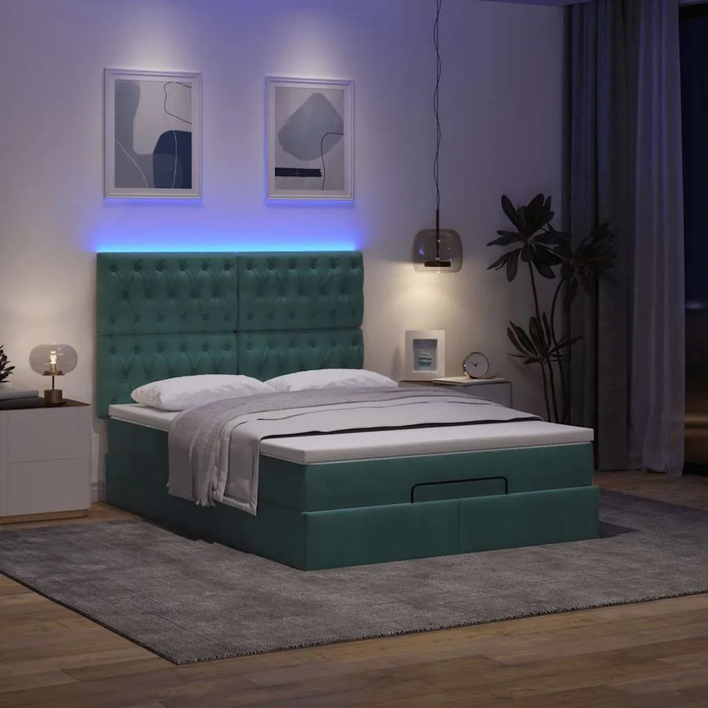 vidaXL Οθωμανικό κρεβάτι με στρώματα & LEDs Σκούρο πράσινο Βελούδο