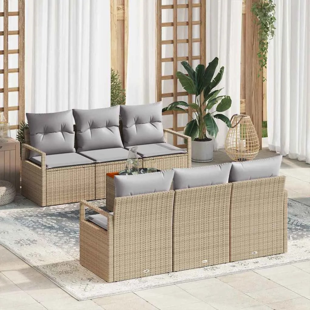 vidaXL Σετ Καναπέ Κήπου με μαξιλάρι 7 pcs Μπεζ Πολυ ράταν