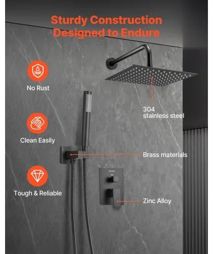 VEVOR Shower Faucet Set 10&quot; Square Rain Shower Head and Hand Set Matte Black