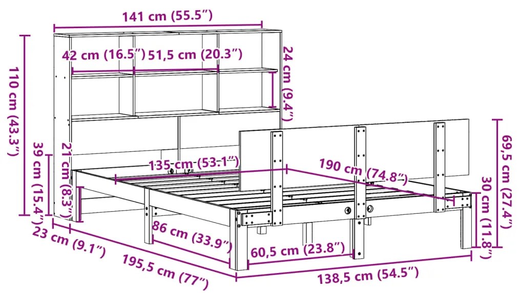 Κρεβάτι Βιβλιοθήκη Χωρίς Στρώμα 135x190 εκ Μασίφ Ξύλο Πεύκου - Καφέ