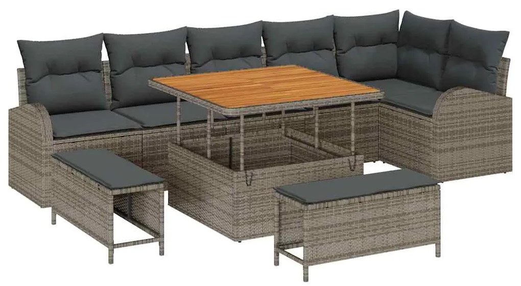 vidaXL Σετ Καναπέ Κήπου με μαξιλάρι 9 pcs Γκρι Πολυ ράταν