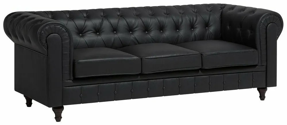 Καναπές chesterfield Berwyn H105, Μαύρο, 222x85x78cm, Πόδια: Ξύλο,Ευκάλυπτος