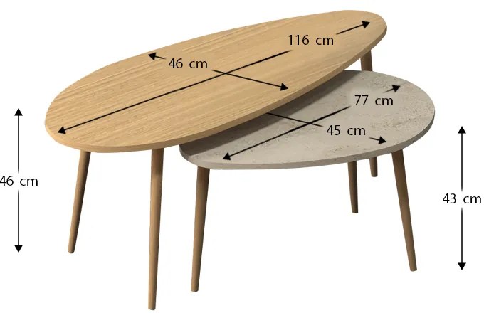 Τραπεζάκι σαλονιού σετ 2 τμχ Elips Megapap χρώμα oak - travertine 116x46x46εκ.