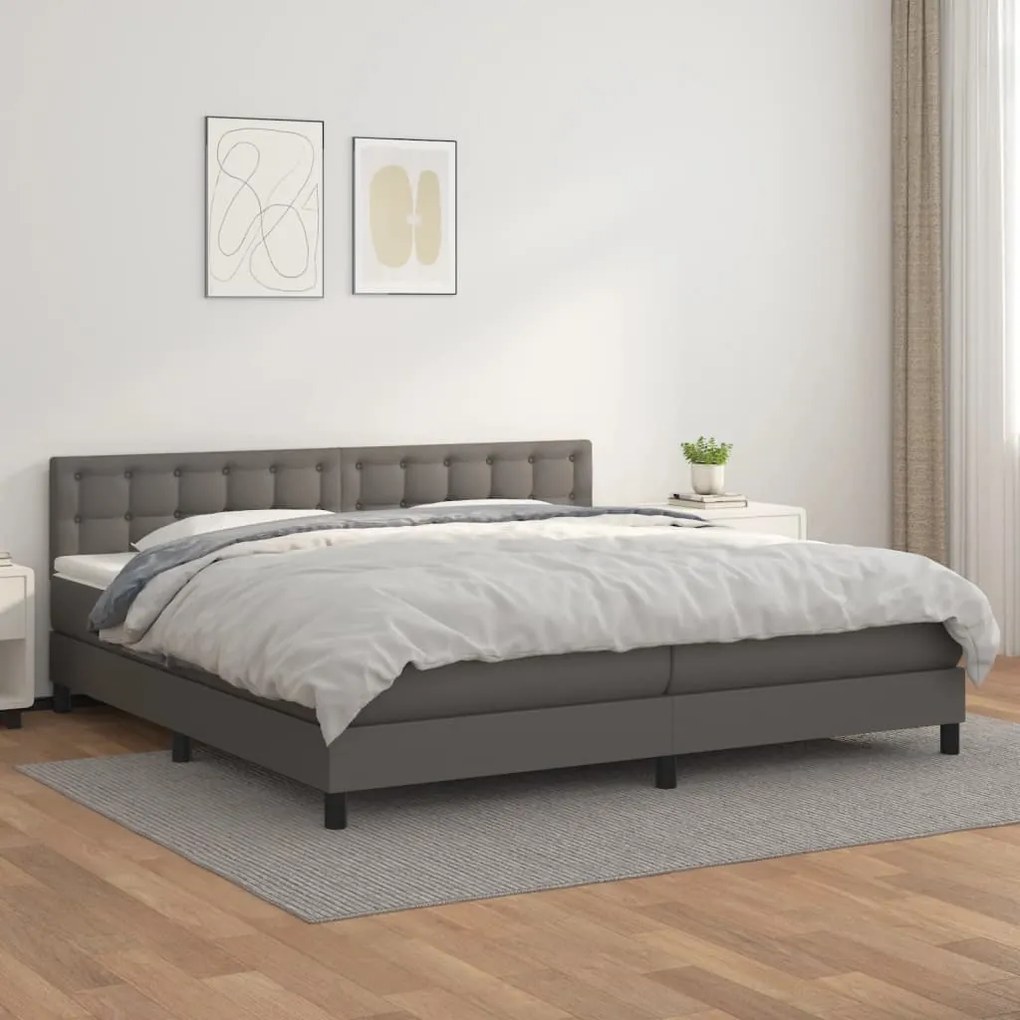 vidaXL Κρεβάτι Boxspring με Στρώμα Γκρι 200x200 εκ. Συνθετικό Δέρμα