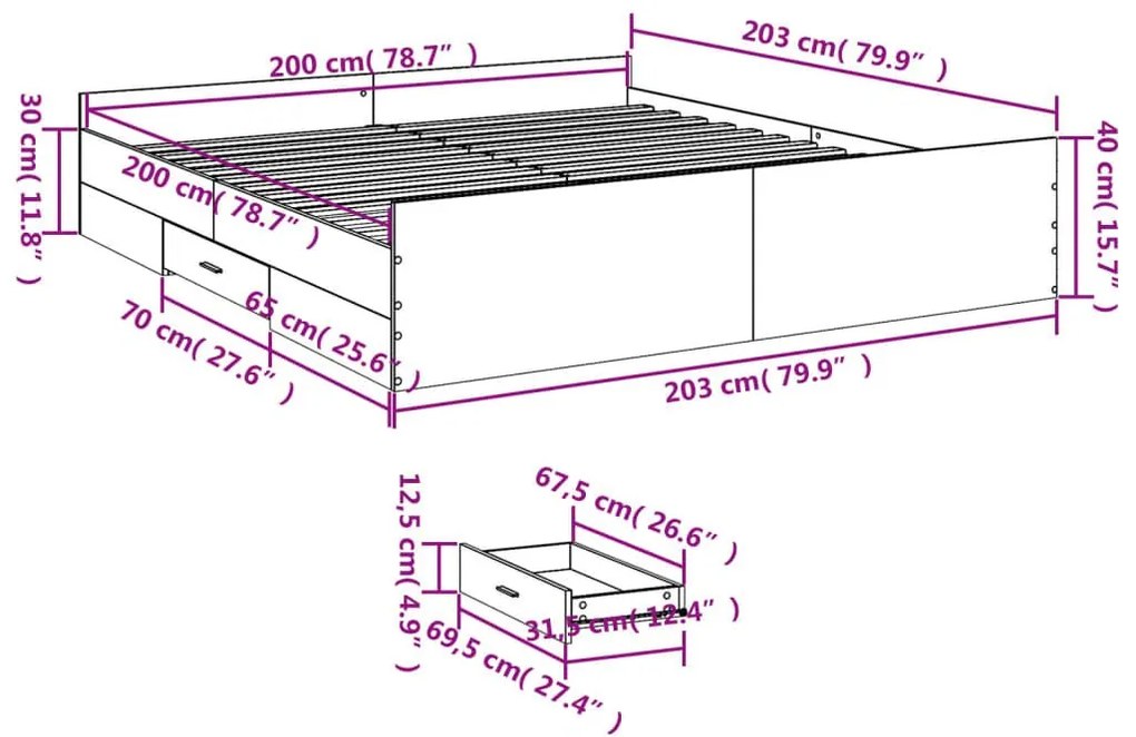 Πλαίσιο Κρεβατιού με συρτάρια Γκρι sonoma 200x200εκ. Επεξ. Ξύλο - Γκρι