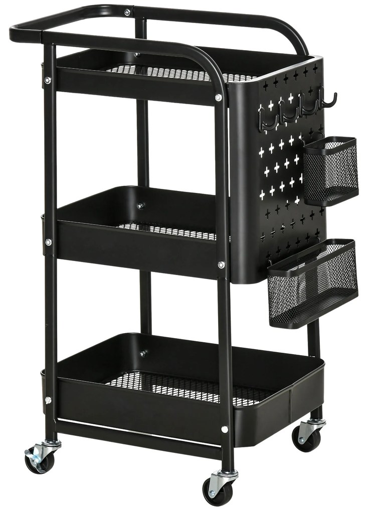 HOMCOM Τρόλεϊ Κουζίνας με Περφορέ Πάνελ, Βάση Πετσέτας, Καλάθια Αποθήκευσης, Μαύρο