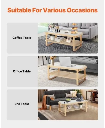VEVOR Rattan Coffee Table Rectangle Rattan Coffee Table 2-Tier for Living Room
