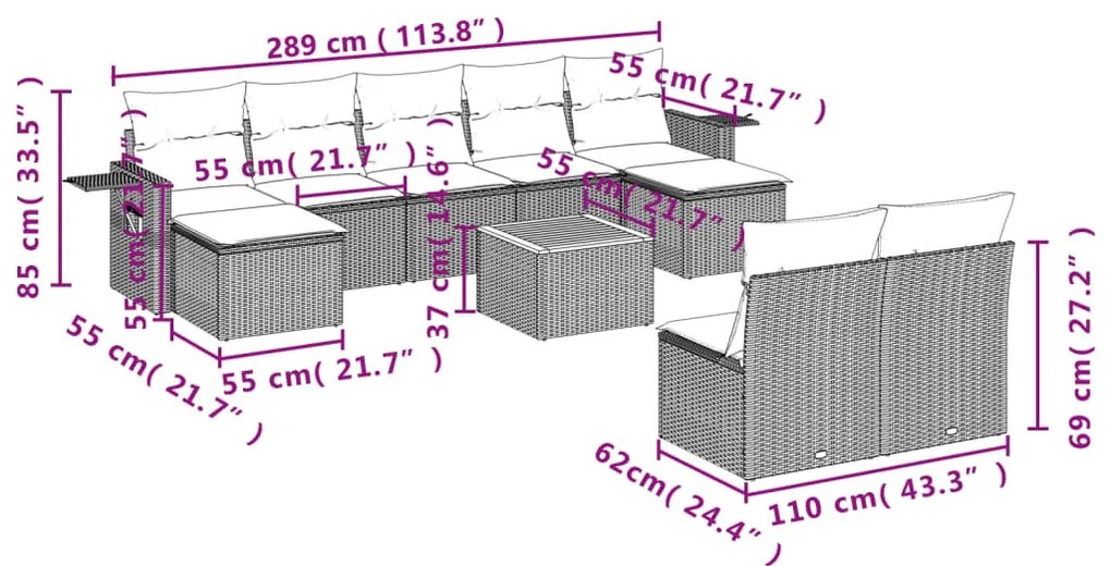 vidaXL Σαλόνι Κήπου Σετ 10 Τεμαχίων Μαύρο Συνθετικό Ρατάν με Μαξιλάρια