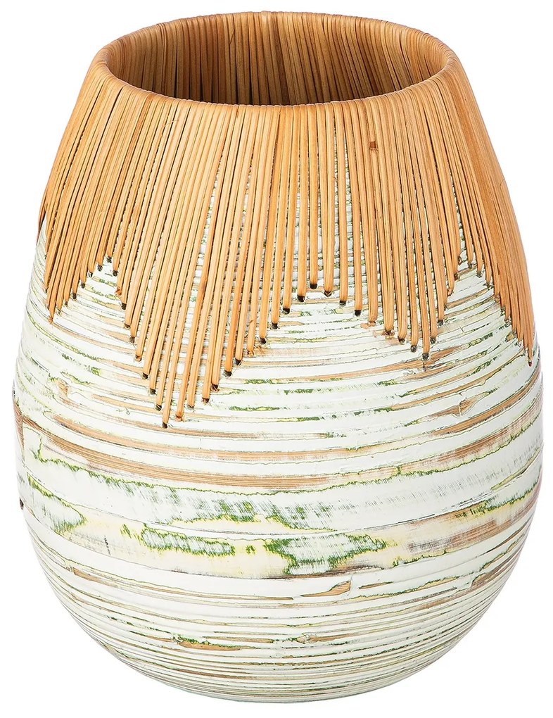 Βάζο Bulbous -Fortaleza- Bamboo Rattan Ecru Πράσινο PU H. 35 cm D. 30 cm