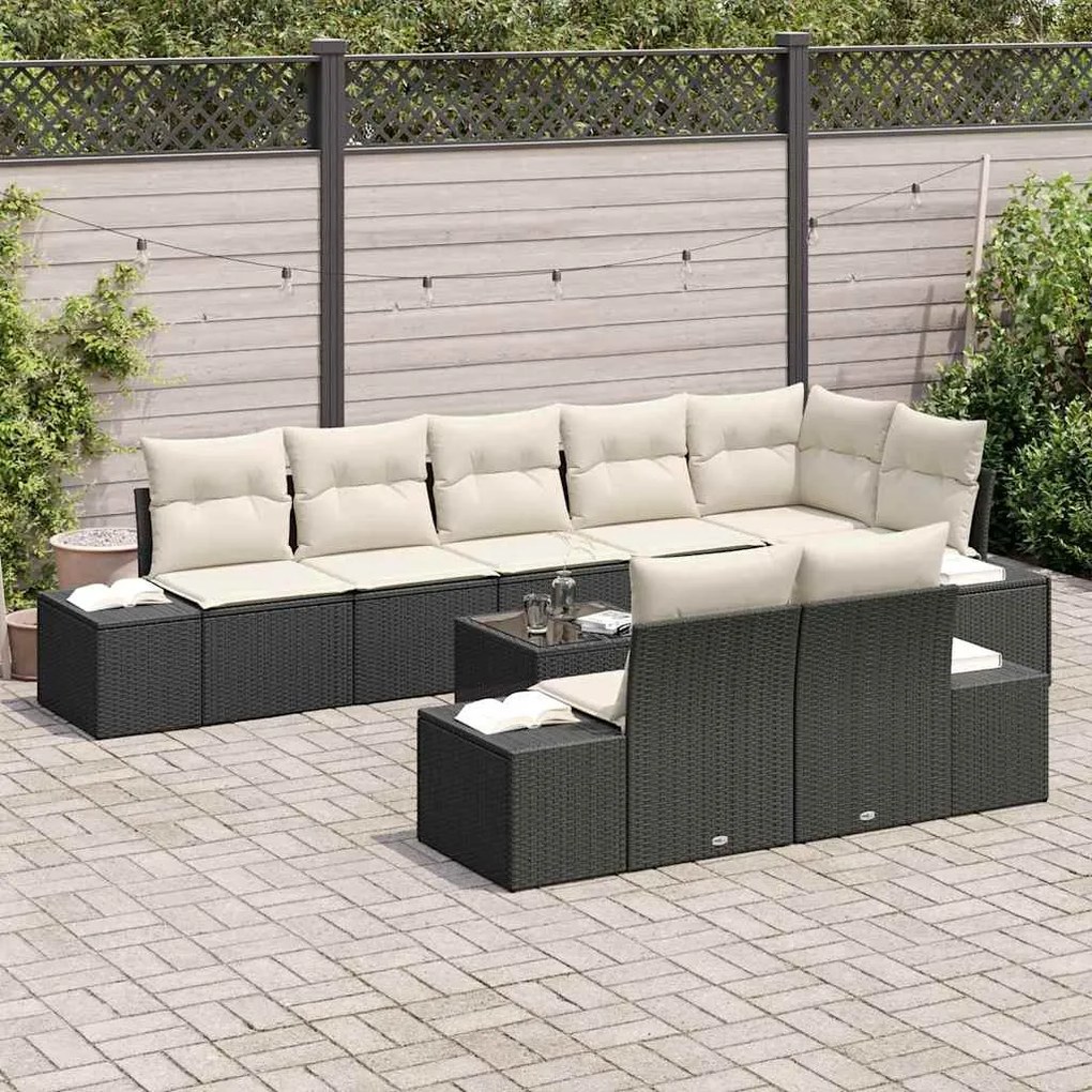 vidaXL Σετ Καναπέ Κήπου με μαξιλάρι 9 pcs Μαύρο και Κρεμ Πολυ ράταν
