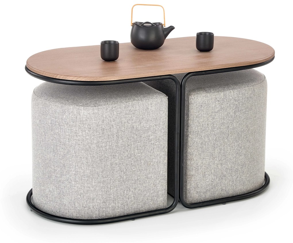 PAMPA, coffee table with pouffes, top: walnut, legs: black, pouffe: grey DIOMMI V-CH-PAMPA-LAW